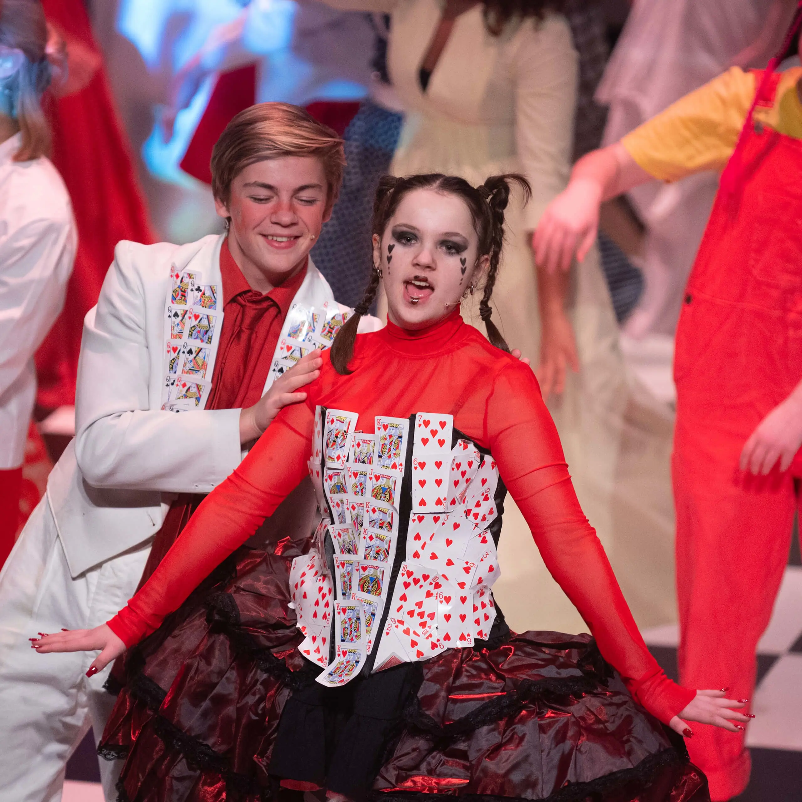 A Gordonstoun student plays The Queen of Hearts in the production of Alice on stage in Gordonstoun’s theatre