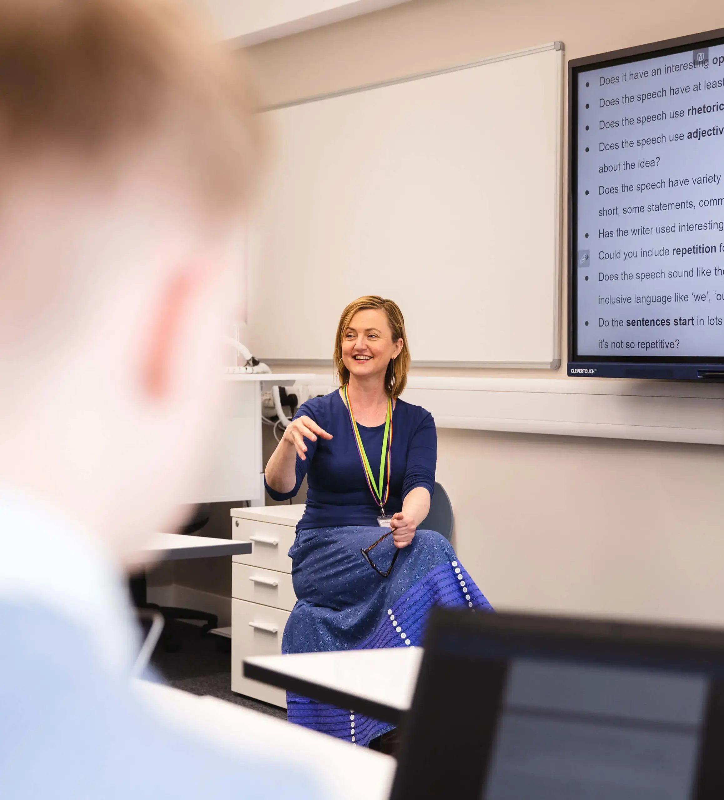 English teacher with students in the new low carbon classrooms at Gordonstoun.