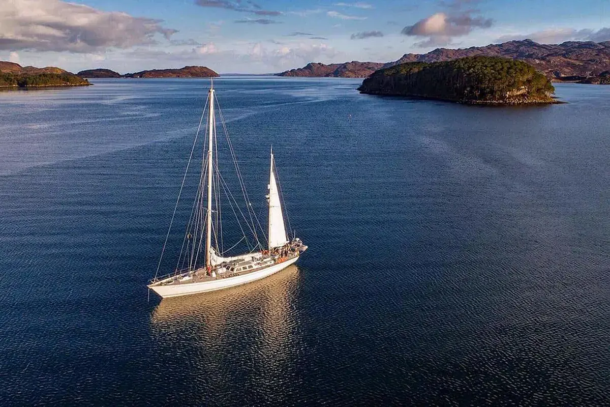 Gordonstoun’s 80 foot sail training boat anchored just off the West Coast of Scotland.