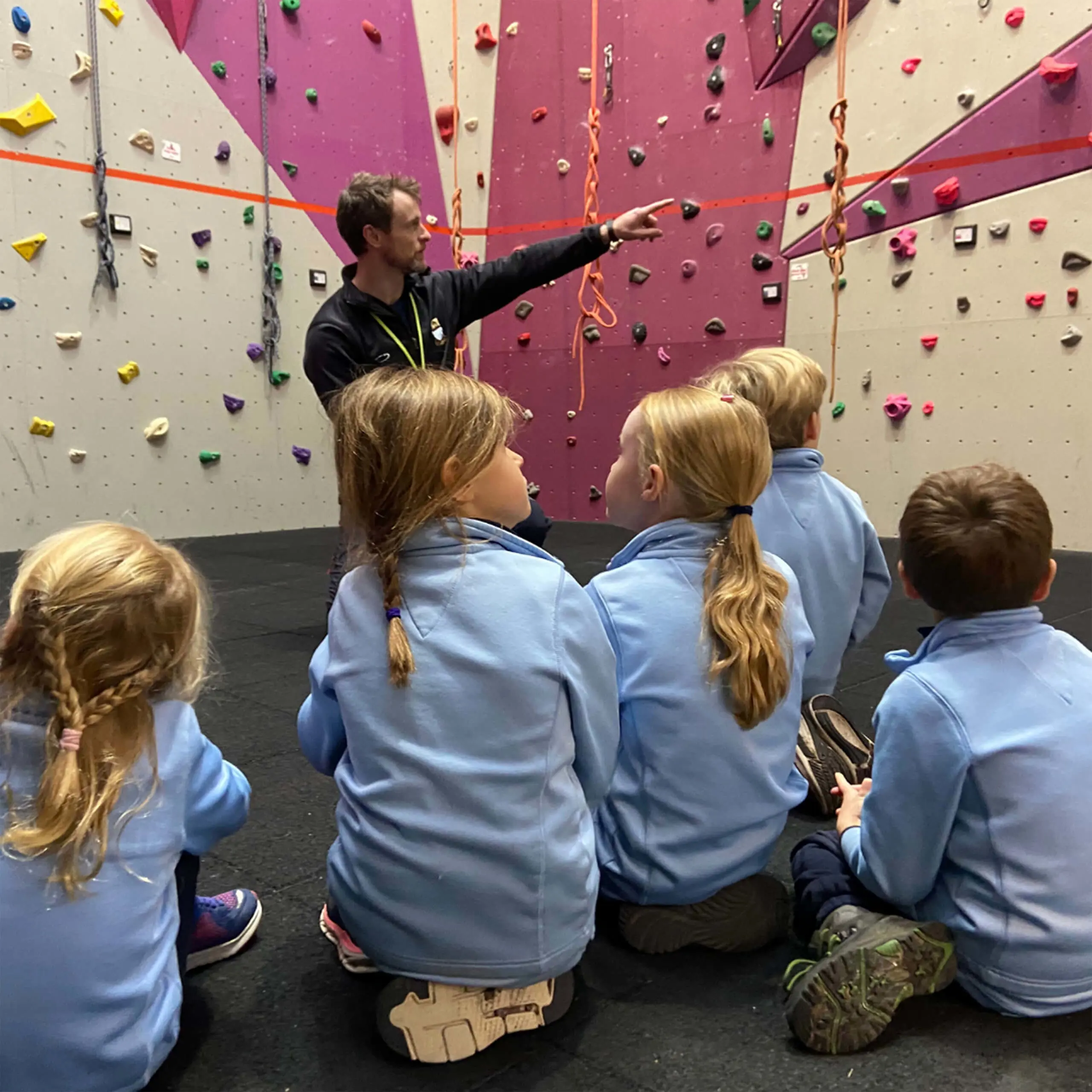 Gordonstoun prep pupils and teacher at Gordonstoun's indoor climbing wall.