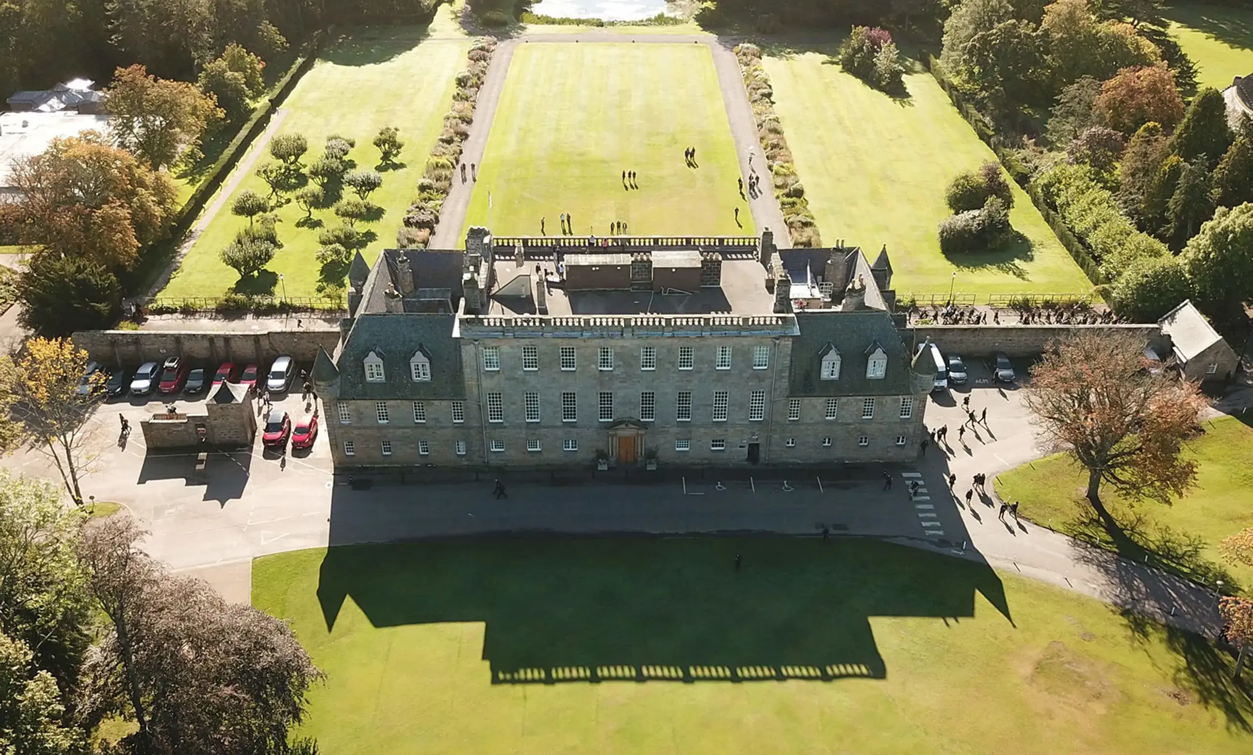 Aerial view of Gordonstoun House in the sunshine