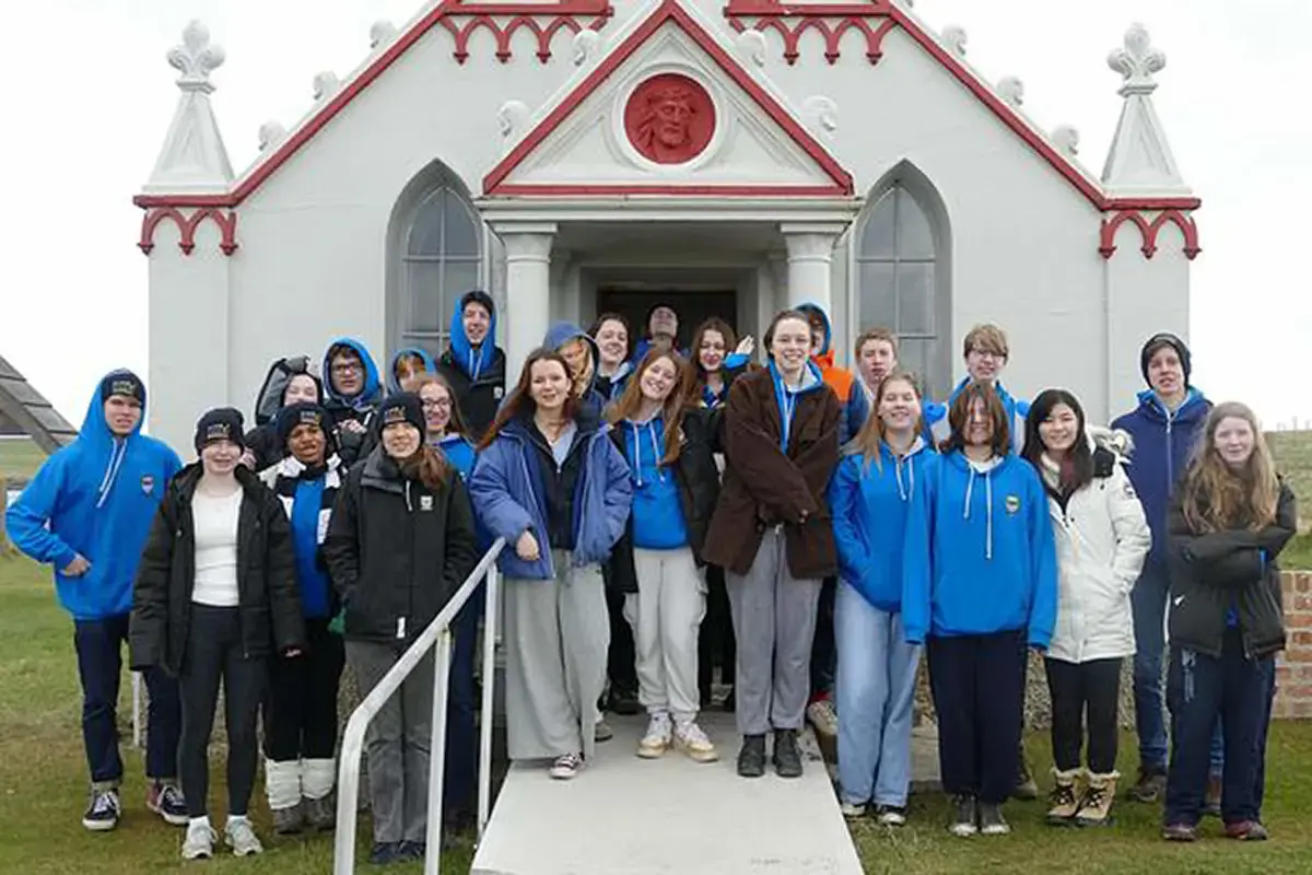 Gordonstoun Students and Teachers in frront of Kirkwell Grammar School